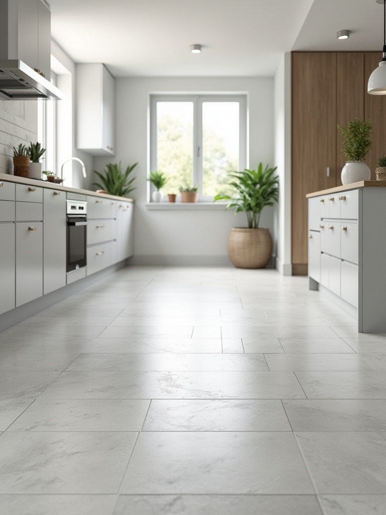 Modern kitchen floor tiled with large format light gray tiles, creating a seamless look that visually expands the space.