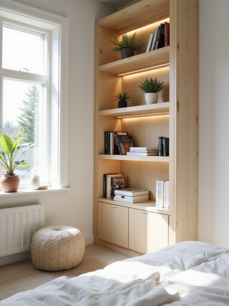 Small bedroom corner with custom-built shelving unit for storage and decor.
