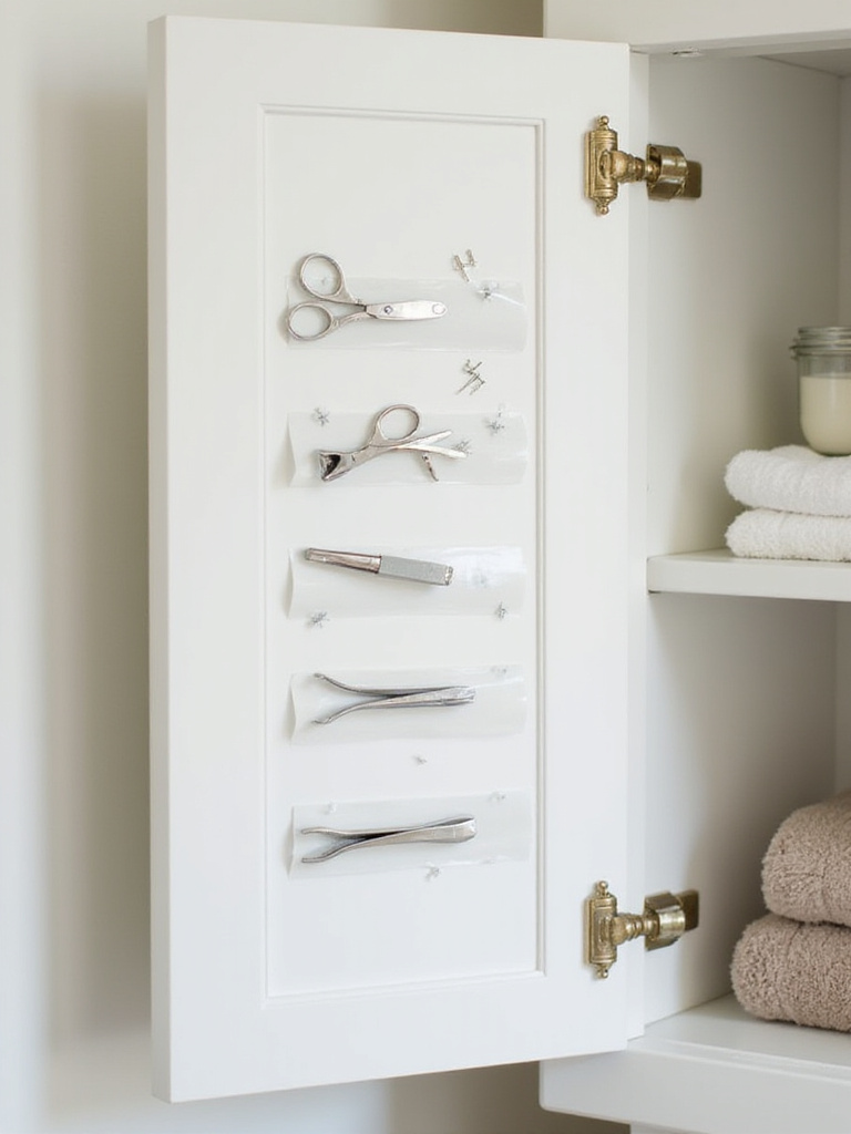 Inside of a bathroom cabinet door with magnetic strips organizing bobby pins, tweezers, and nail clippers.