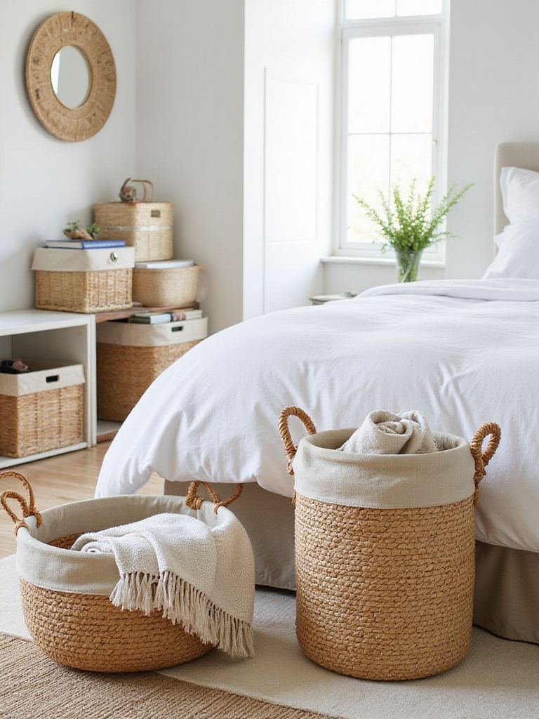 Bedroom with stylish baskets used for storage of blankets, books, and clothing.