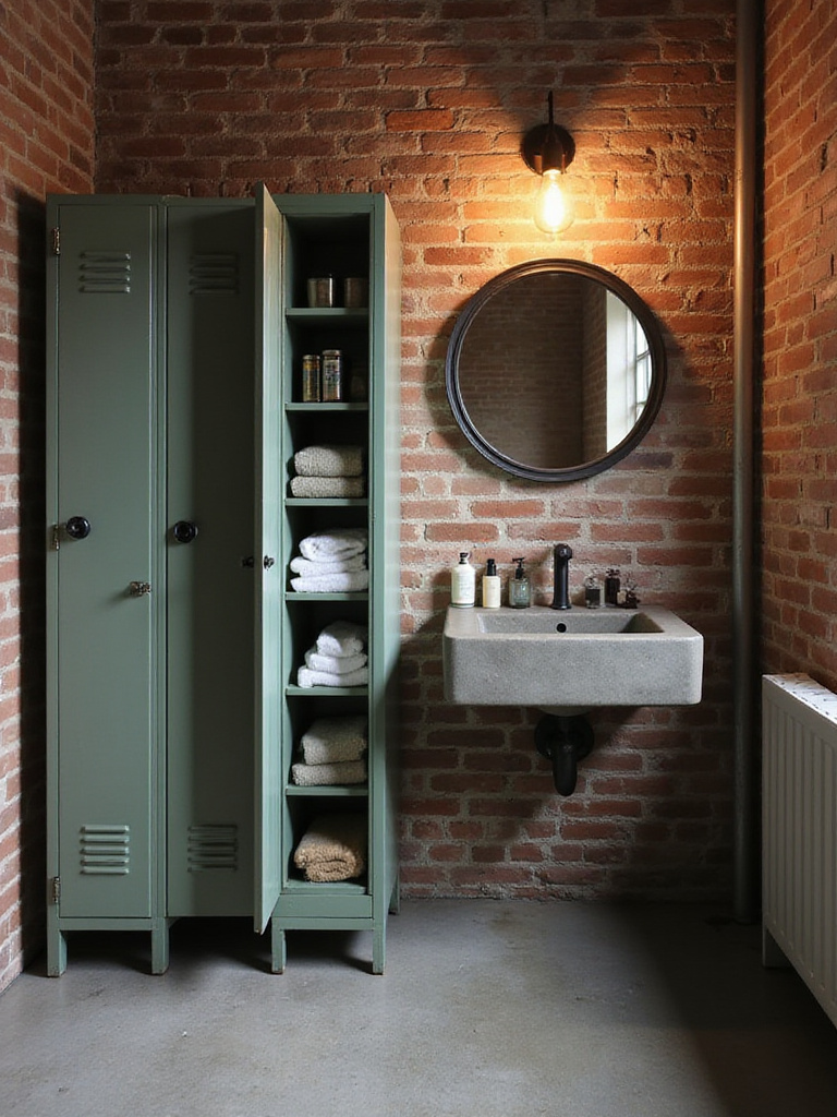 Industrial bathroom with vintage metal lockers used for storage