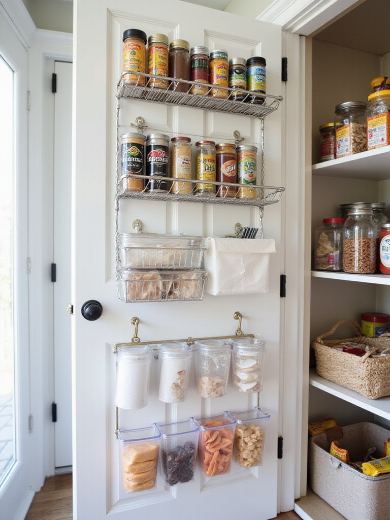 Back of a pantry door organized with multi-tiered racks for spices, holders for foil and wraps, and a pocket organizer for snacks, showcasing effective vertical storage.