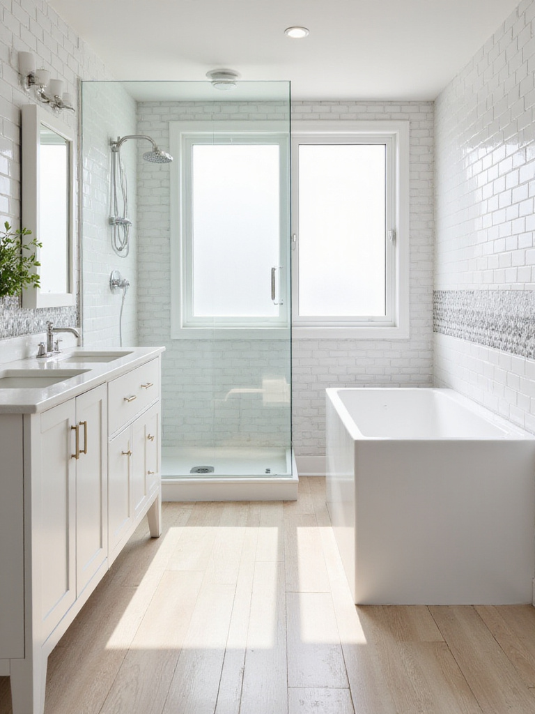 Modern bathroom interior featuring versatile ceramic tiles. The floor has wood-look ceramic planks, the shower walls have white ceramic subway tiles, and the vanity backsplash features patterned ceramic tiles.