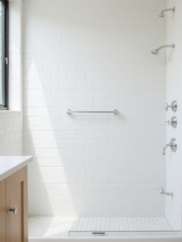 Modern bathroom shower wall tiled floor-to-ceiling with white subway tiles in a vertical stacked layout, creating a sense of height and contemporary style.