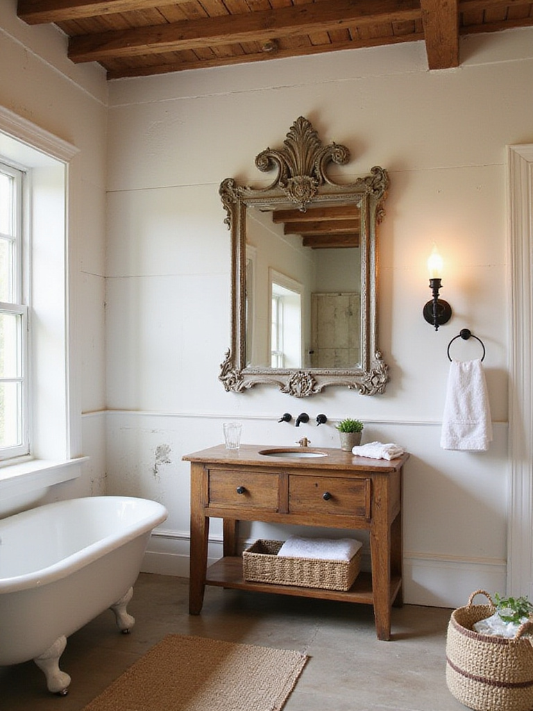 Rustic bathroom with vintage mirror frame above reclaimed wood vanity