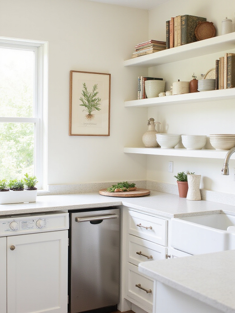 Modern farmhouse kitchen featuring botanical print above stove, open shelving with cookbooks and ceramic bowls, and herb garden above sink.