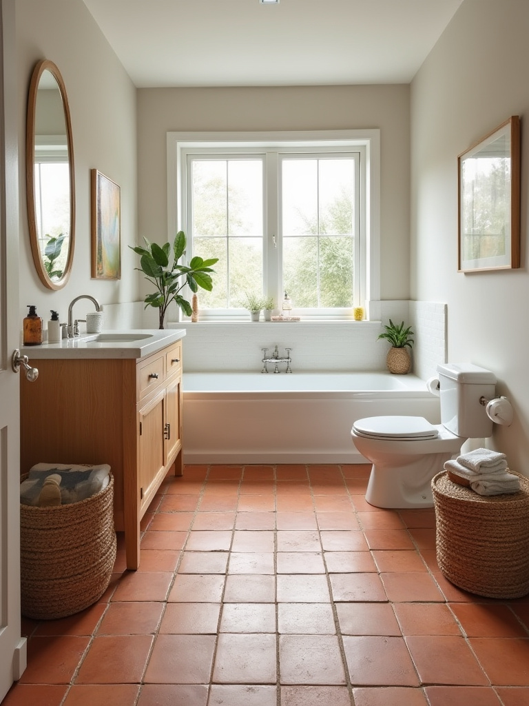 Bathroom with warm terracotta tile flooring, white walls, and a natural wood vanity, creating an earthy and inviting space.