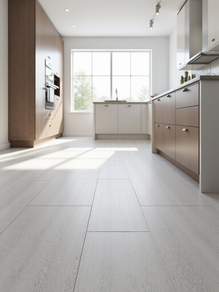 Large format light gray ceramic tiles on a modern kitchen floor, illuminated by natural light.