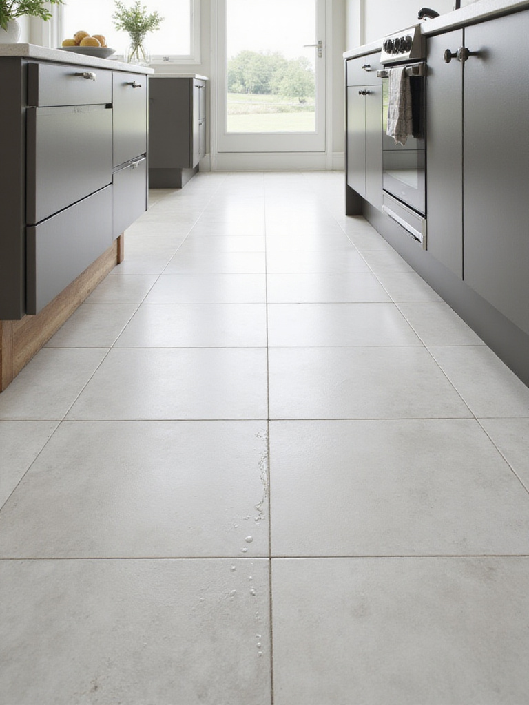 High-angle view of a modern kitchen floor with light gray porcelain tiles, showing a small water puddle beading on the surface, illustrating the material's water resistance.