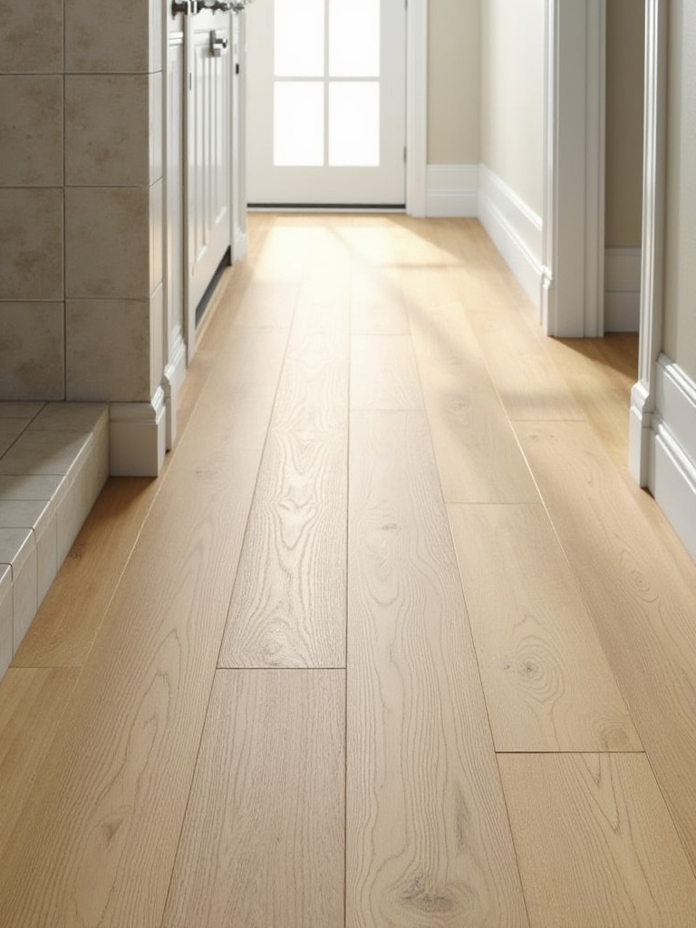 Bathroom floor and shower wall tiled with warm-toned, realistic wood-look porcelain planks laid in a staggered pattern.