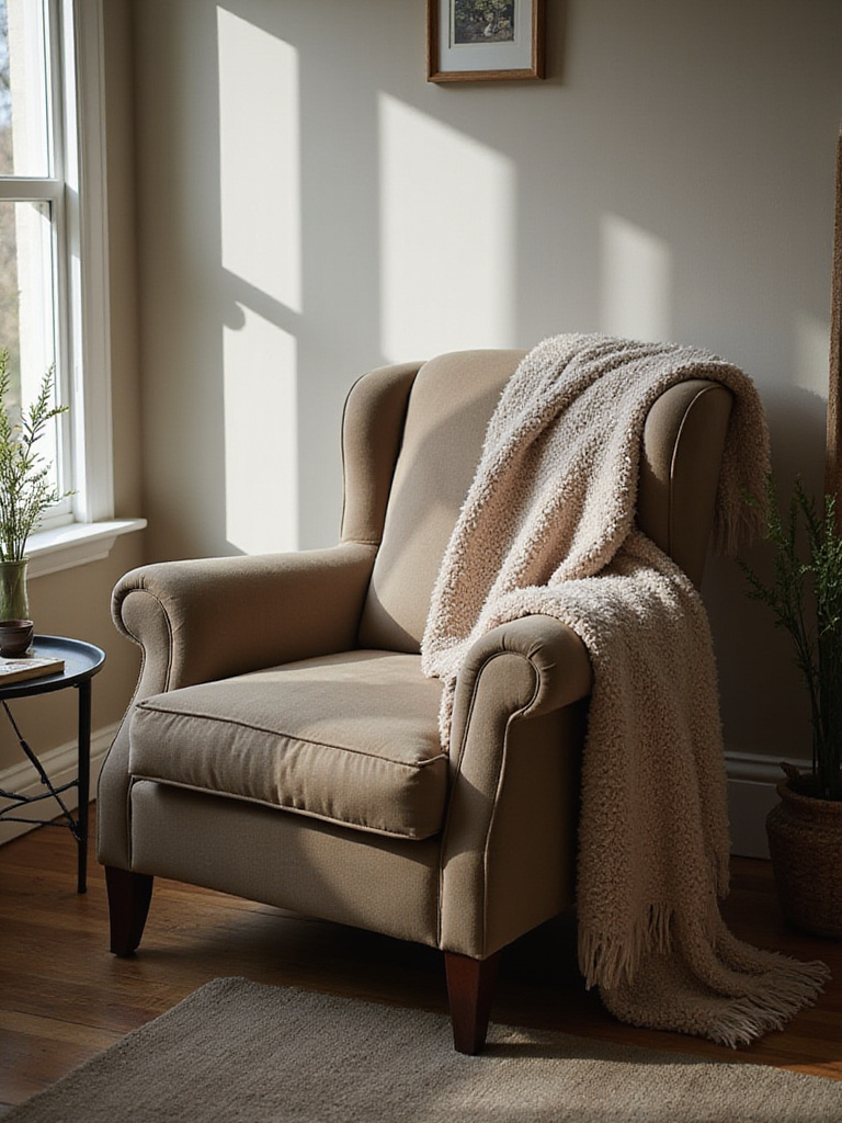 Stylish armchair in a living room with a soft, textured throw blanket draped over the arm, adding comfort and decor.