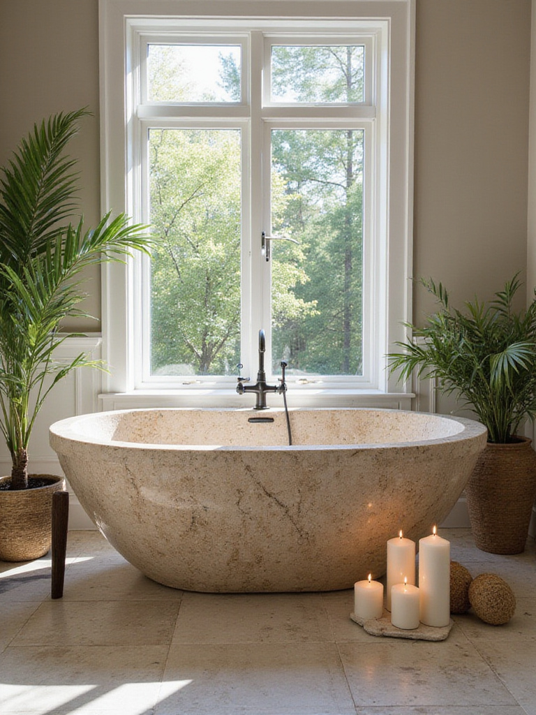 Luxurious natural stone bathtub in a serene bathroom setting