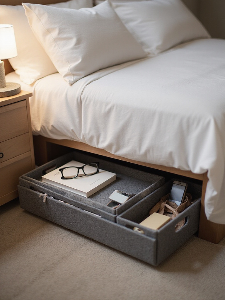 Organized bedside area featuring a felt bedside caddy with essentials.