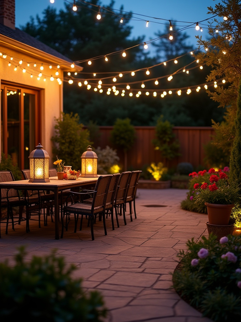Cozy patio with layered ambient lighting at dusk