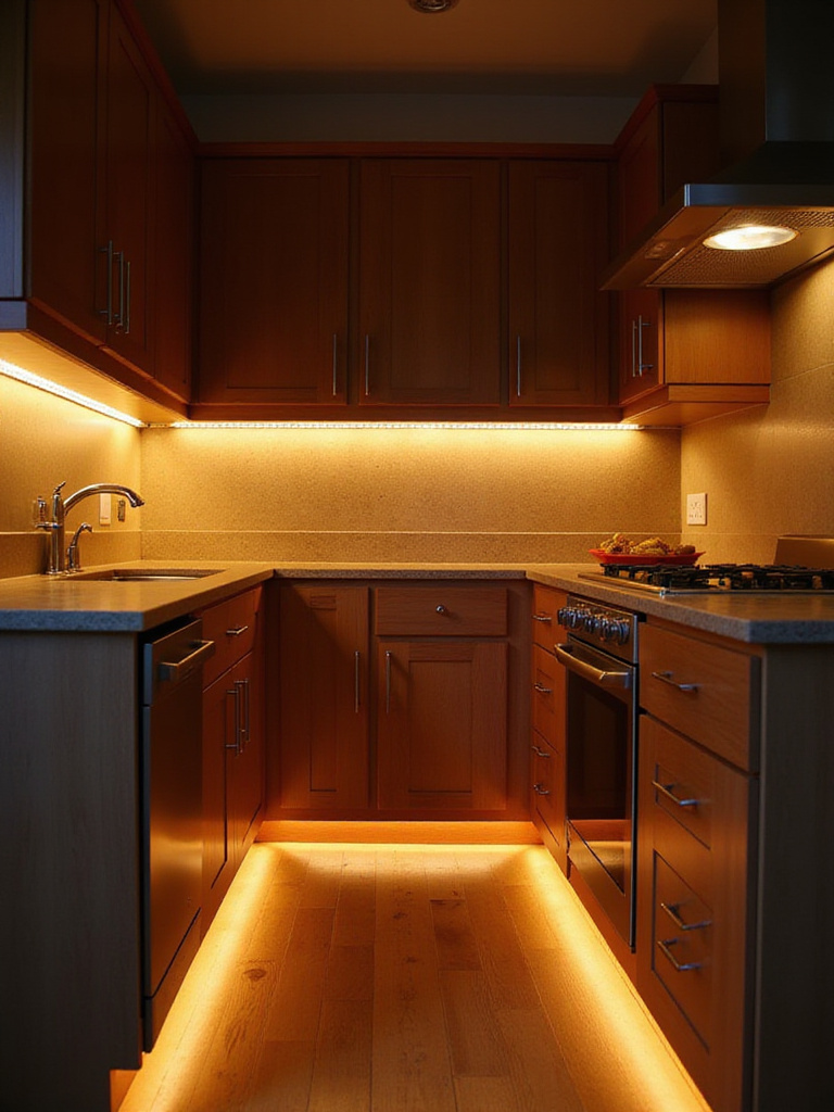 Warm LED strip lighting illuminating a modern kitchen