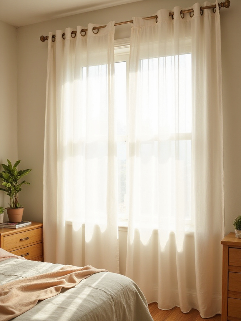 Bright bedroom with sheer curtains enhancing natural light