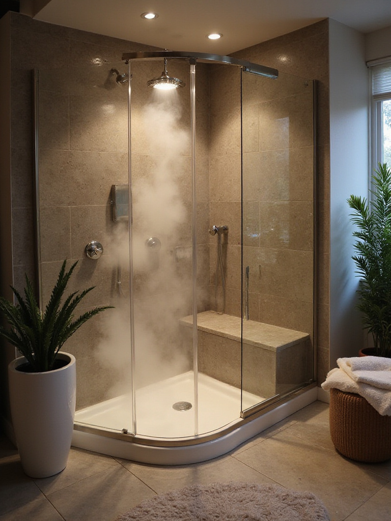 Luxurious steam shower in a modern bathroom with ambient lighting