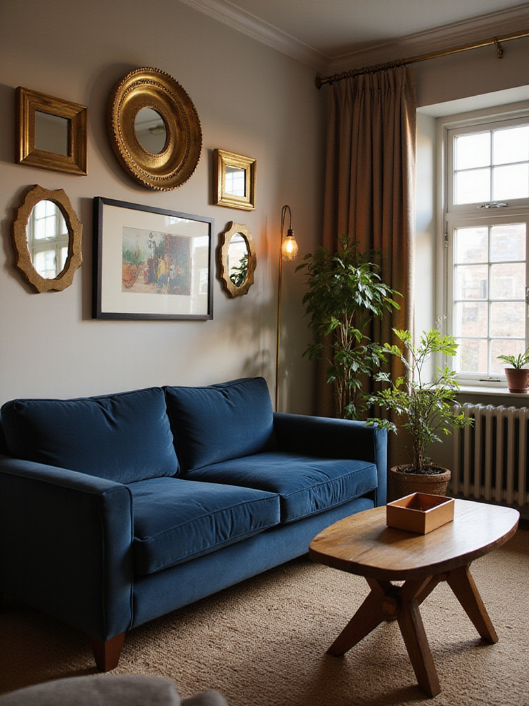 Cozy living room with warm metal details including brass mirrors and a copper tray