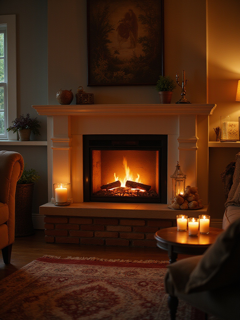 Cozy living room with electric fireplace and candles creating a warm glow