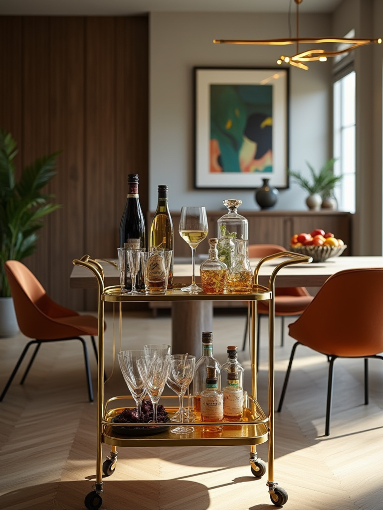 Stylish bar cart in a contemporary dining room with elegant decor.