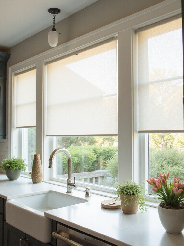 A kitchen with optimized natural light through strategic window treatments