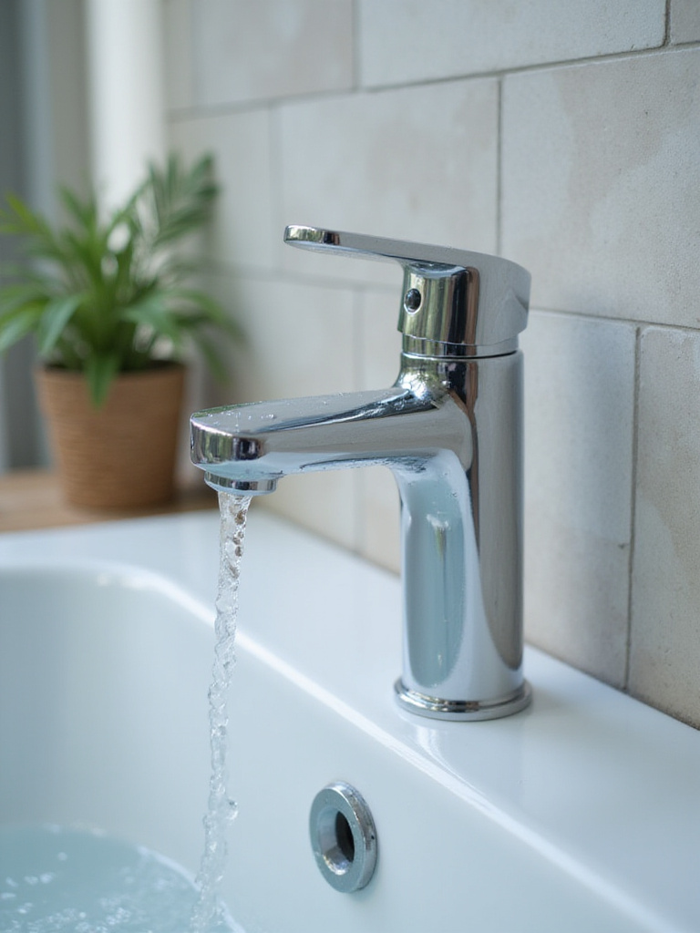 Close-up of a modern bathtub faucet with water droplets highlighting a leak, in a stylish bathroom.