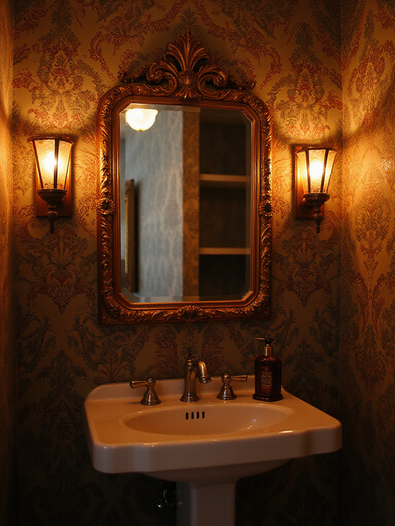 Vintage bathroom with illuminated wallpaper showcasing vibrant patterns