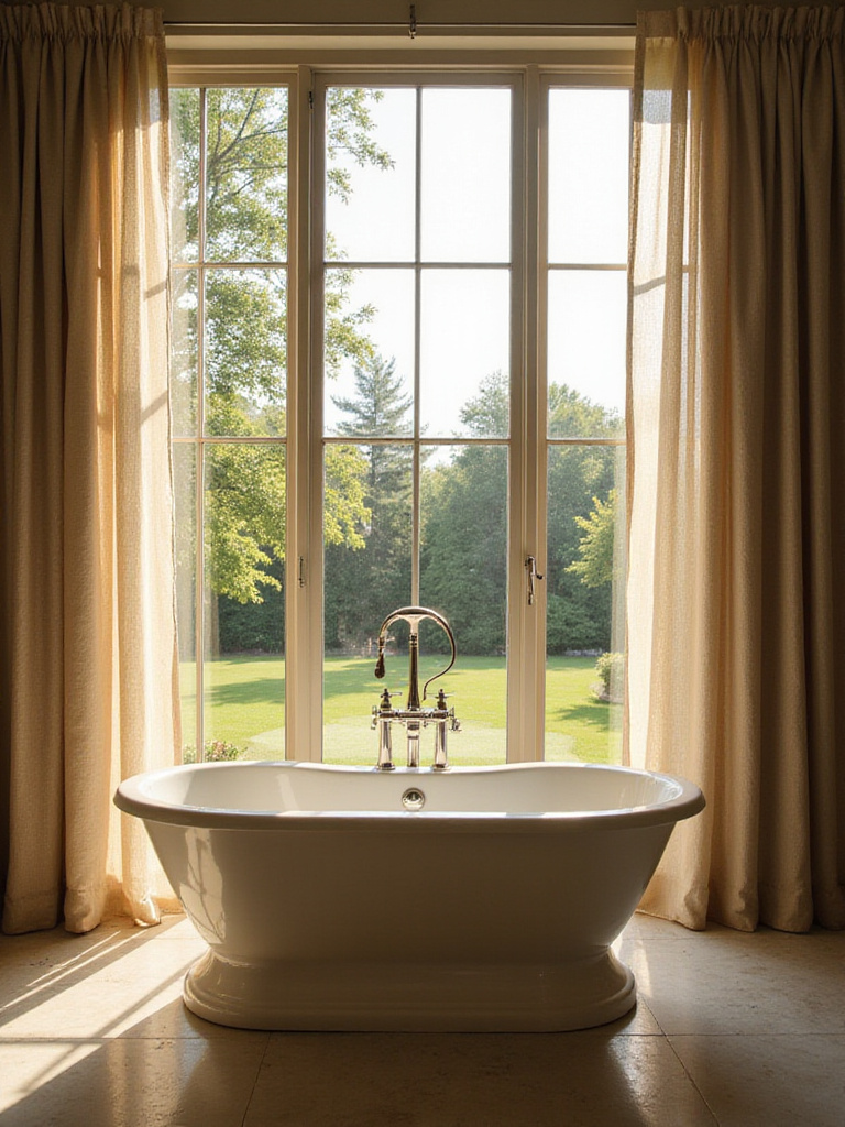 A peaceful bathroom with a freestanding tub and a large window showcasing an outdoor garden view.