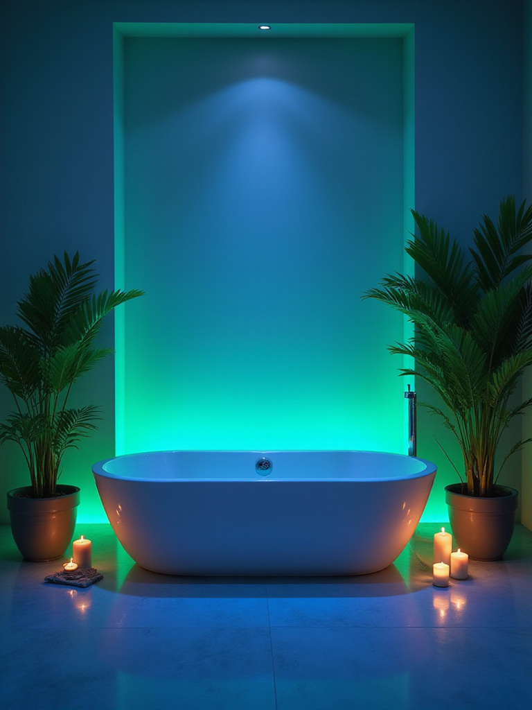 Luxury bathroom with chromotherapy lighting in the bathtub