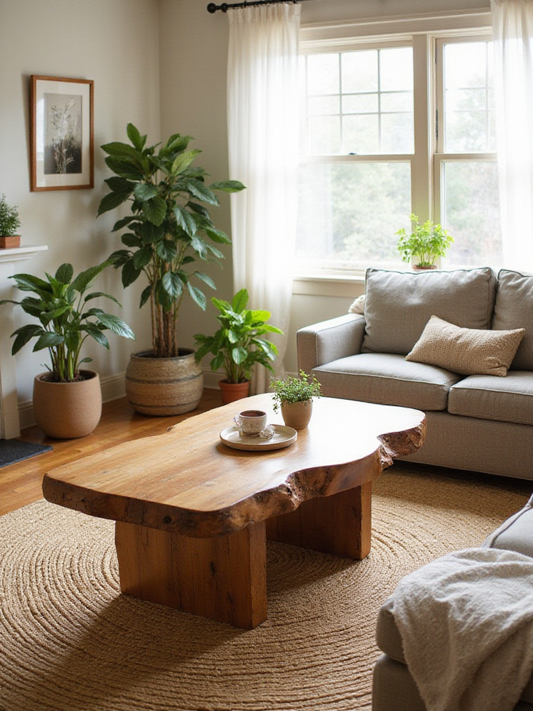 Cozy living room with wood, stone, and plants