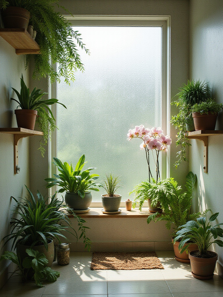 A calming bathroom with humidity-loving plants integrated into the design.