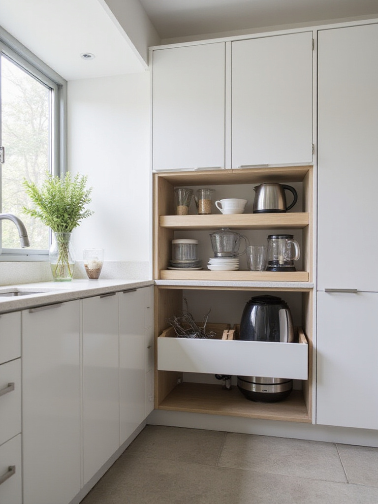 Modern kitchen with an appliance garage containing small kitchen gadgets, showcasing a clutter-free countertop.