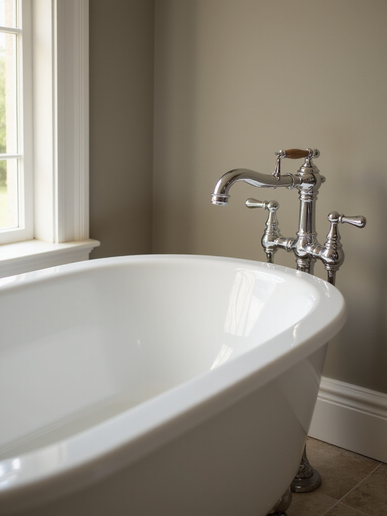 Elegant bathroom featuring a stylish faucet complementing a freestanding bathtub.