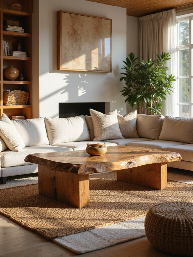 Boho living room featuring natural wood elements and a live-edge coffee table