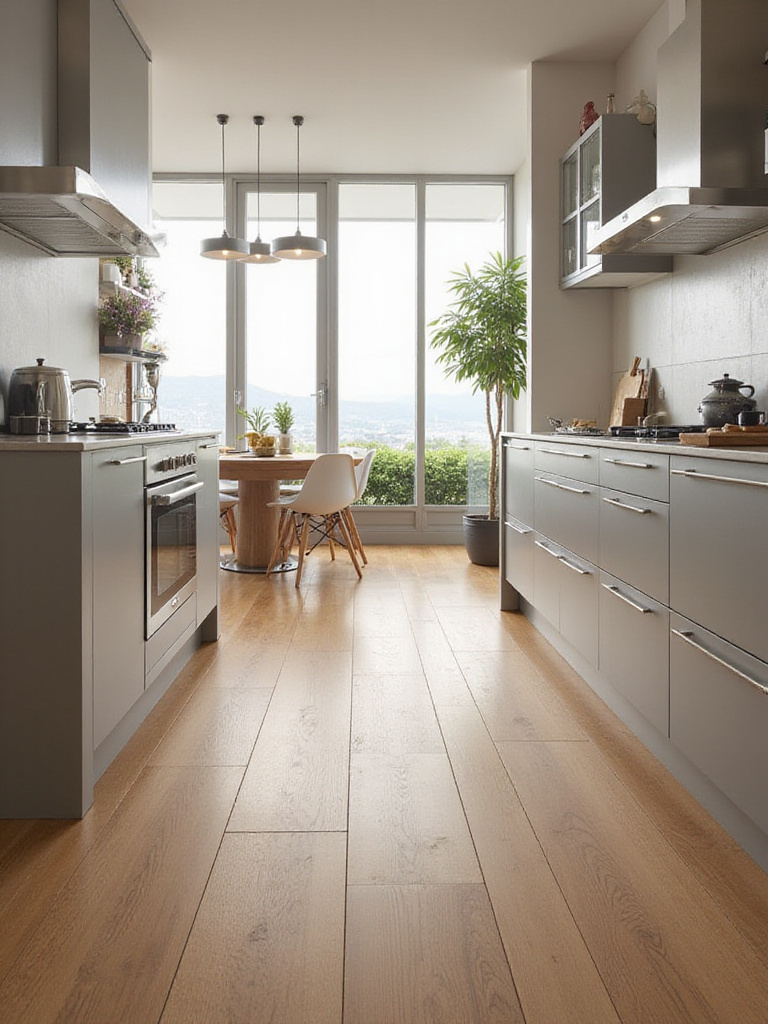 A modern kitchen showcasing durable flooring designed to withstand traffic