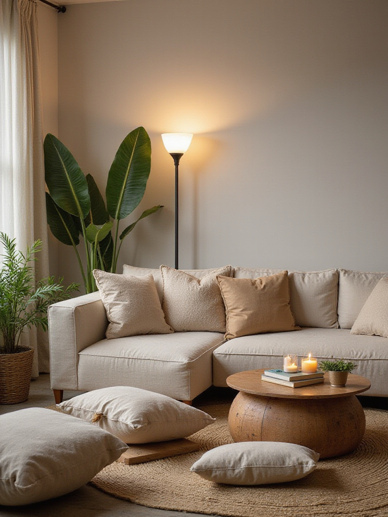 Boho living room with low-slung seating, floor cushions, and warm lighting.
