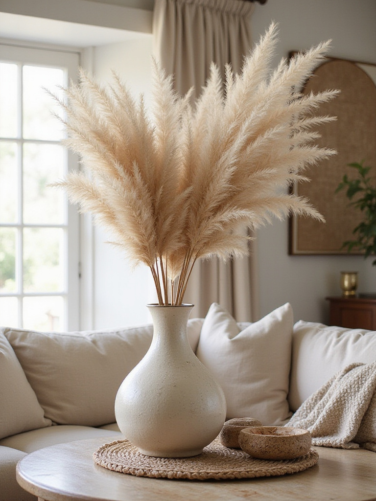 A decorative arrangement of dried pampas grass in a tall vase, showcasing boho living room decor.
