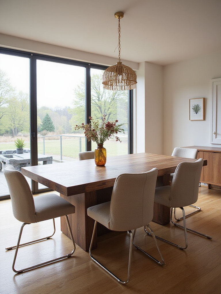 Contemporary dining room with sustainable materials including FSC-certified black walnut table and recycled aluminum chairs.