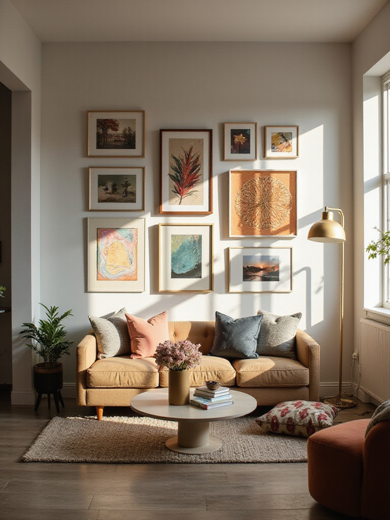 A stylish apartment living room showcasing a gallery wall with damage-free hung art using adhesive strips.
