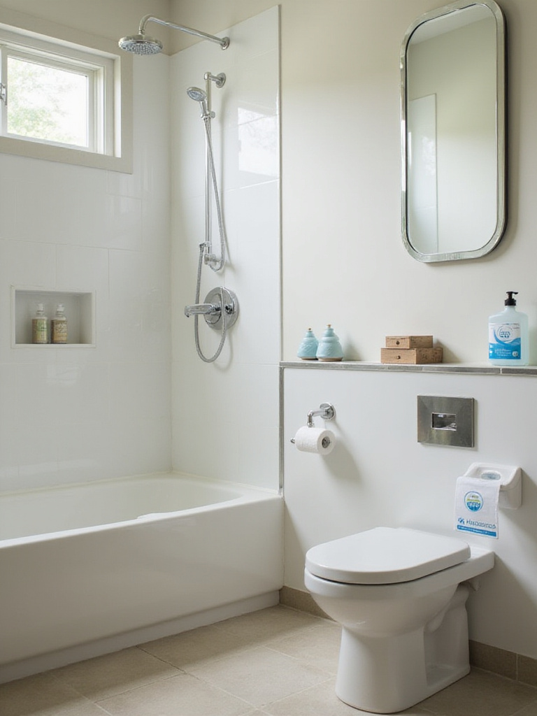 Modern bathroom featuring eco-friendly water-saving fixtures and appliances