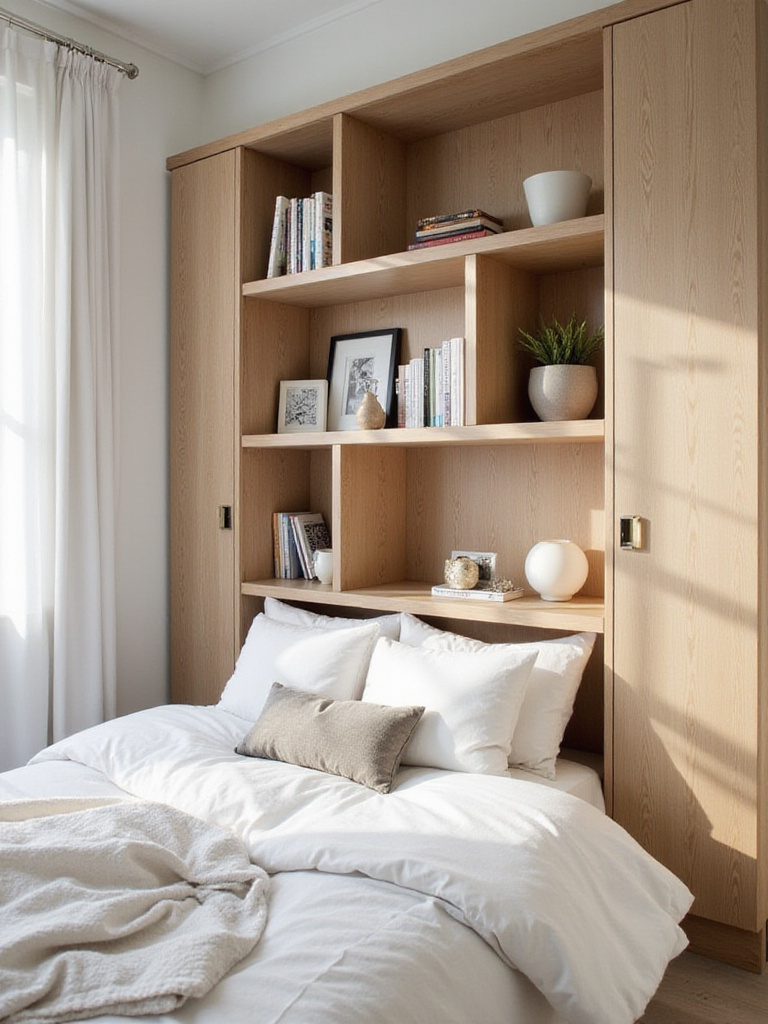 Cozy bedroom with a headboard featuring integrated shelves and cubbies, showcasing organized storage.