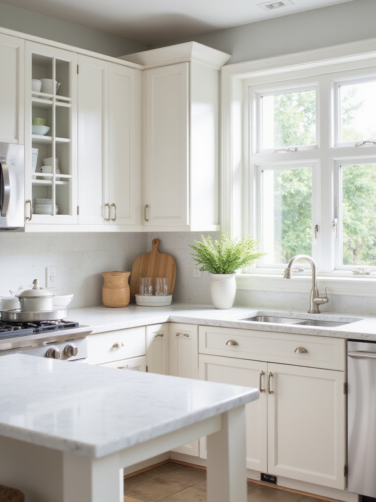 A well-lit kitchen showcasing various shades of white cabinet paint under natural light.
