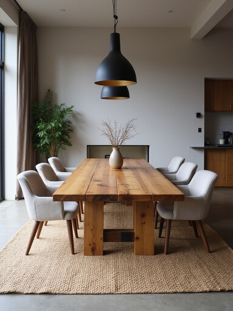 A contemporary dining room with a reclaimed wood dining table, linen chairs, and polished concrete flooring.