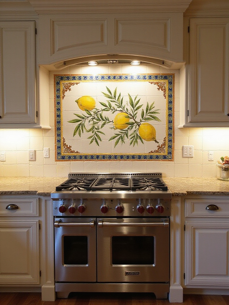 A hand-painted ceramic tile mural in a modern kitchen showcasing vibrant Mediterranean themes.