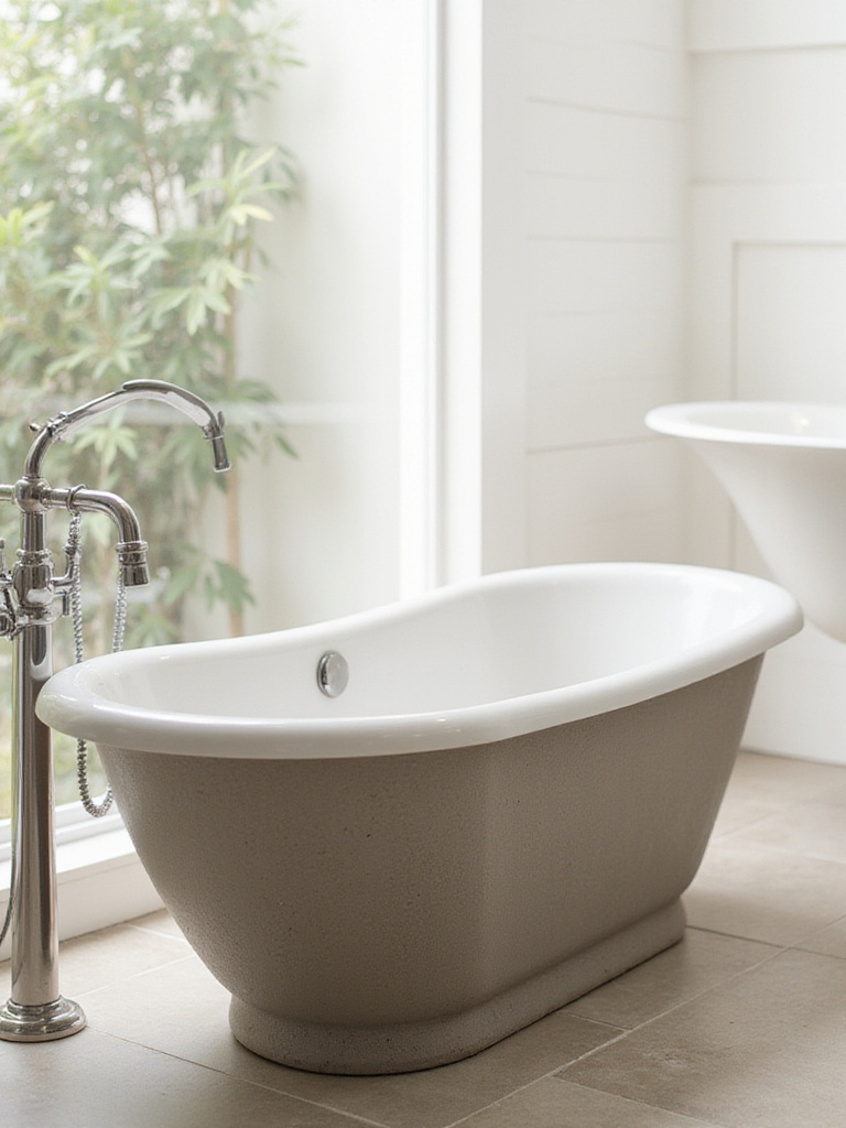 A professional photo of different bathtub materials including acrylic, cast iron, and solid surface in a beautifully arranged bathroom.