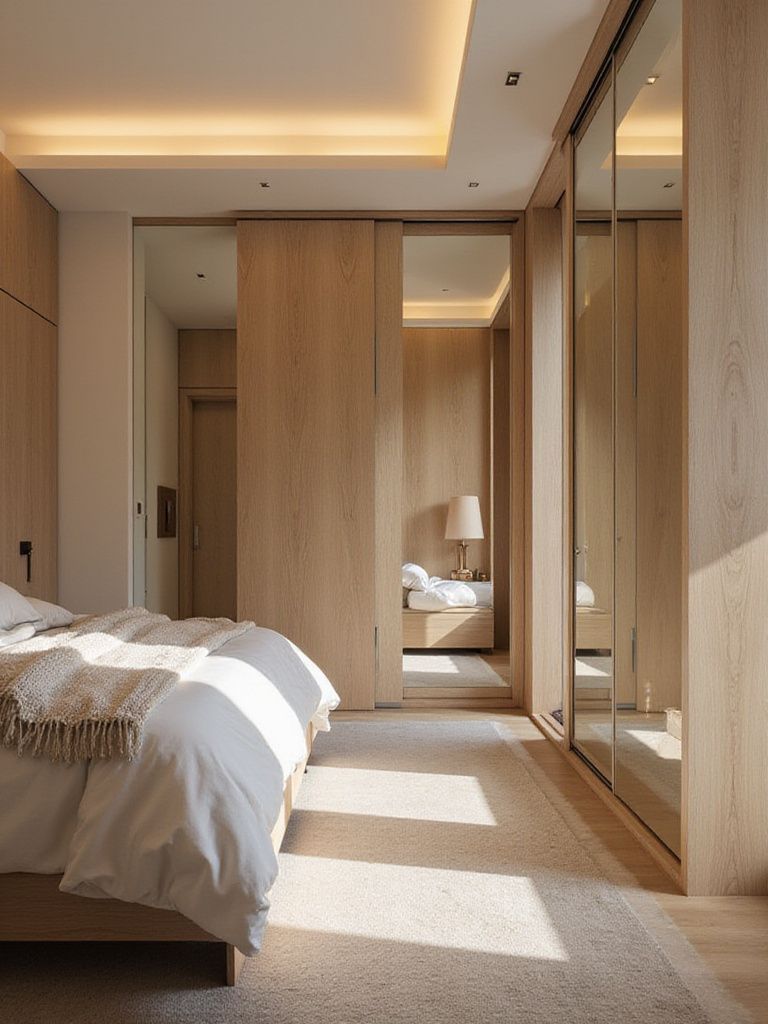 Elegant bedroom with floor-to-ceiling built-in wardrobe and warm lighting