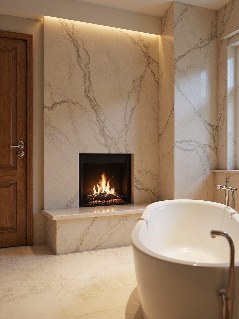 Luxurious bathroom with a cozy fireplace and freestanding soaking tub