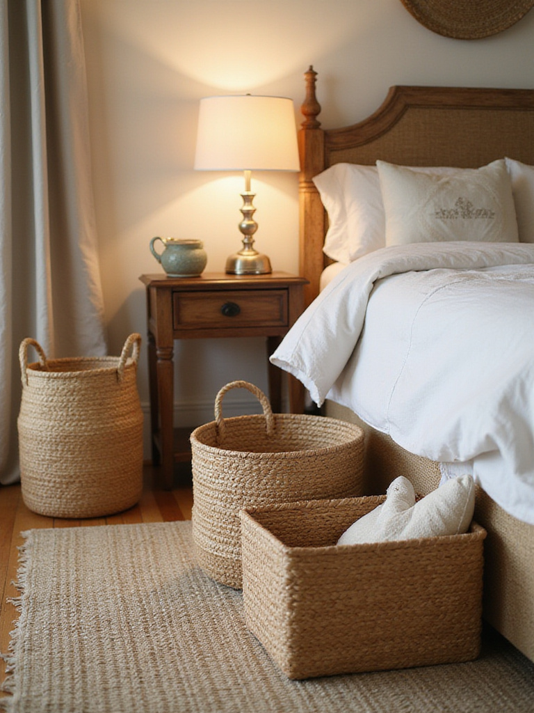 Cozy bedroom showcasing woven storage baskets for stylish clutter management