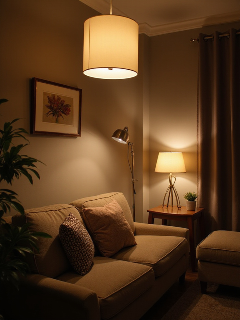Cozy living room with layered lighting sources including pendant, floor, and table lamps.