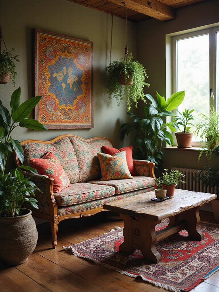 Cozy bohemian living room with vintage furniture and lush plants.